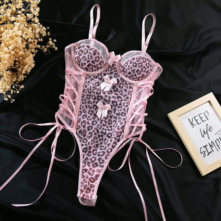 Pink Leopard Lace Teddy Bodysuit – Bow Detail Corset Lingerie