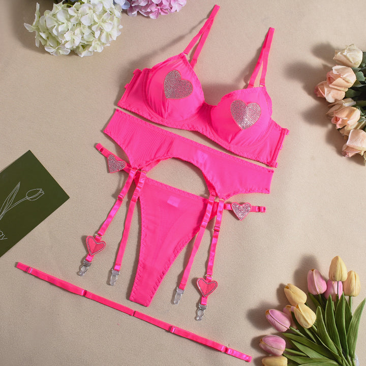 Sheer Mesh Three-Piece Lingerie Set with Heart Rhinestone Detail