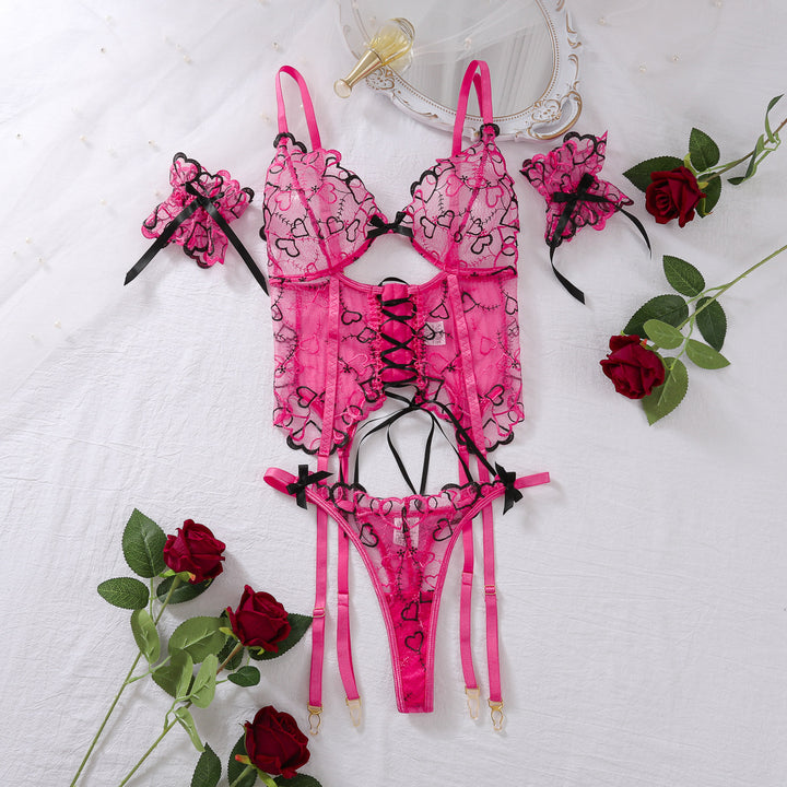 Romantic Sheer Lace Lingerie 3-Piece Set with Heart Embroidery & Ribbon Straps