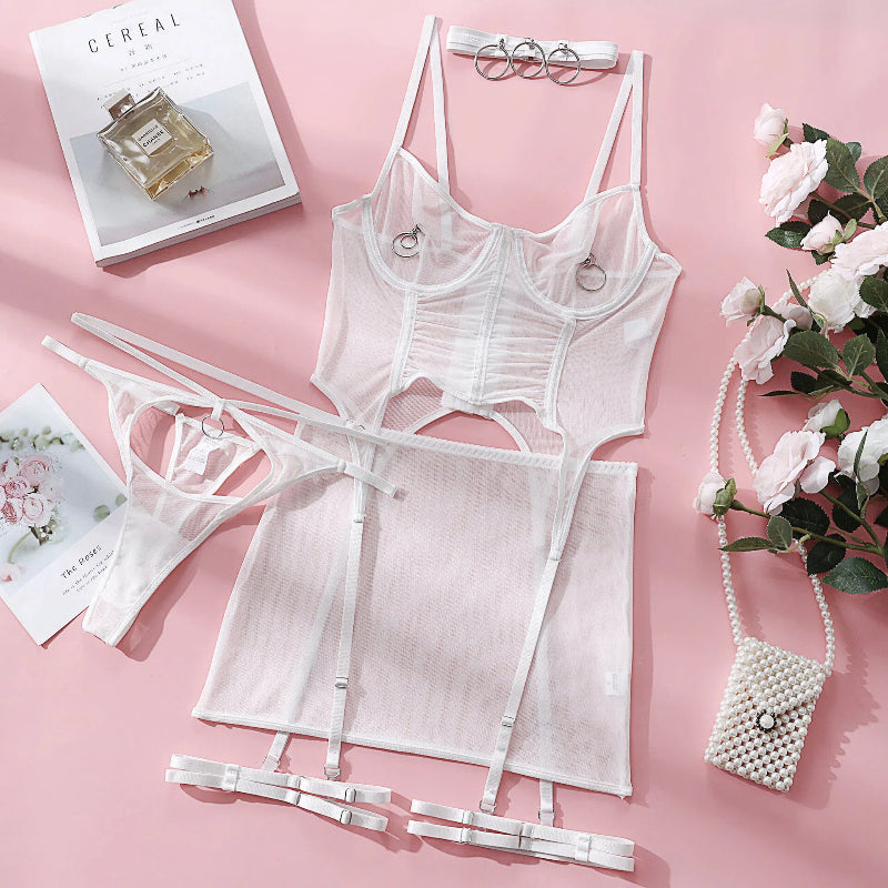 Sheer Mesh Cut-Out Bodycon Lingerie Dress with Ring Details