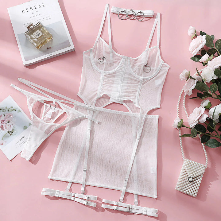 Sheer Mesh Cut-Out Bodycon Lingerie Dress with Ring Details