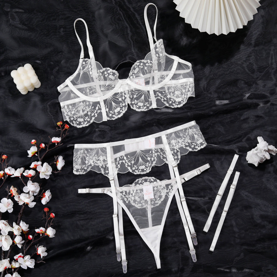 French Sheer Embroidered Lace Lingerie Set
