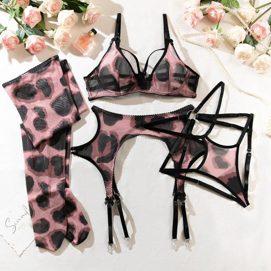 Leopard Print Lingerie 4-Piece Set