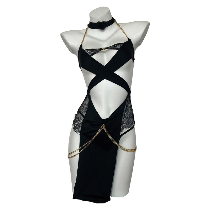 Black Strappy Chain Lingerie Dress – Sexy Cutout Lace Bodysuit with Gold Chain Details