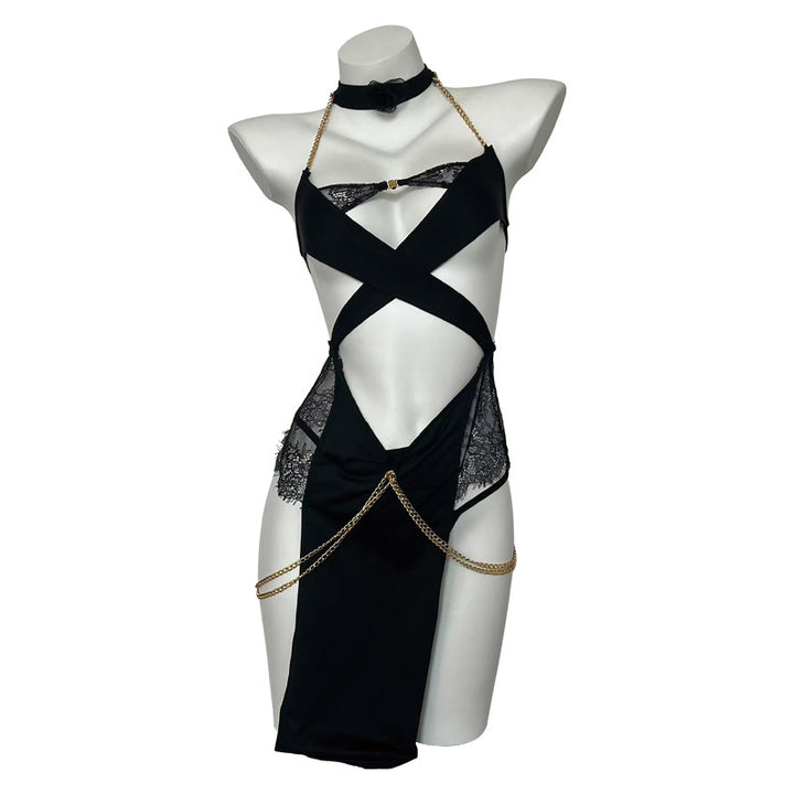 Black Strappy Chain Lingerie Dress – Sexy Cutout Lace Bodysuit with Gold Chain Details