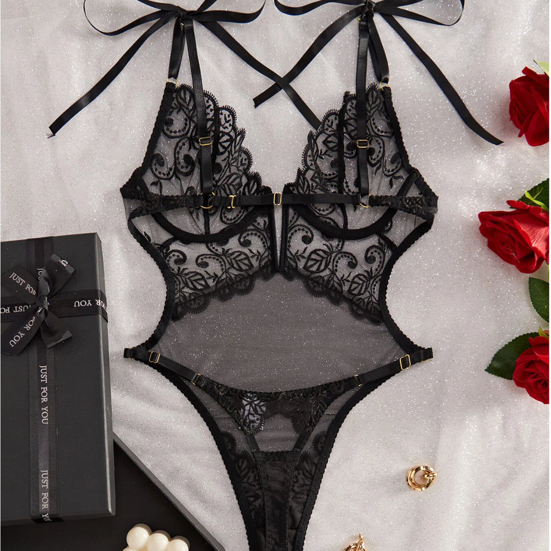 Black Lace Bodysuit with Bow Straps – Sheer Embroidered One-Piece Lingerie