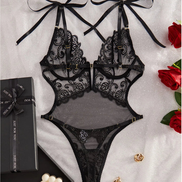 Black Lace Bodysuit with Bow Straps – Sheer Embroidered One-Piece Lingerie