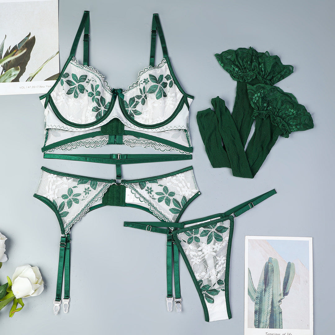 Emerald Whisper – Floral Lace Lingerie Set with Garter Belt
