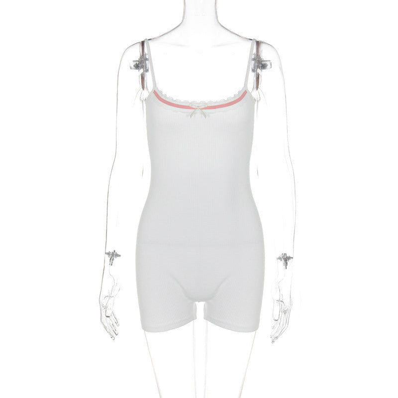 White Cute Bow Patch Backless Jumpsuit for Women
