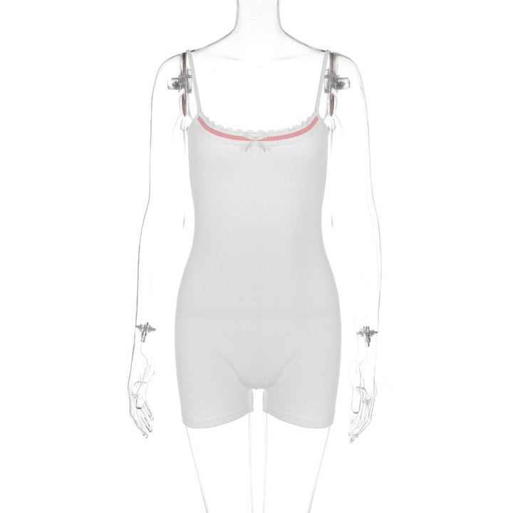 White Cute Bow Patch Backless Jumpsuit for Women