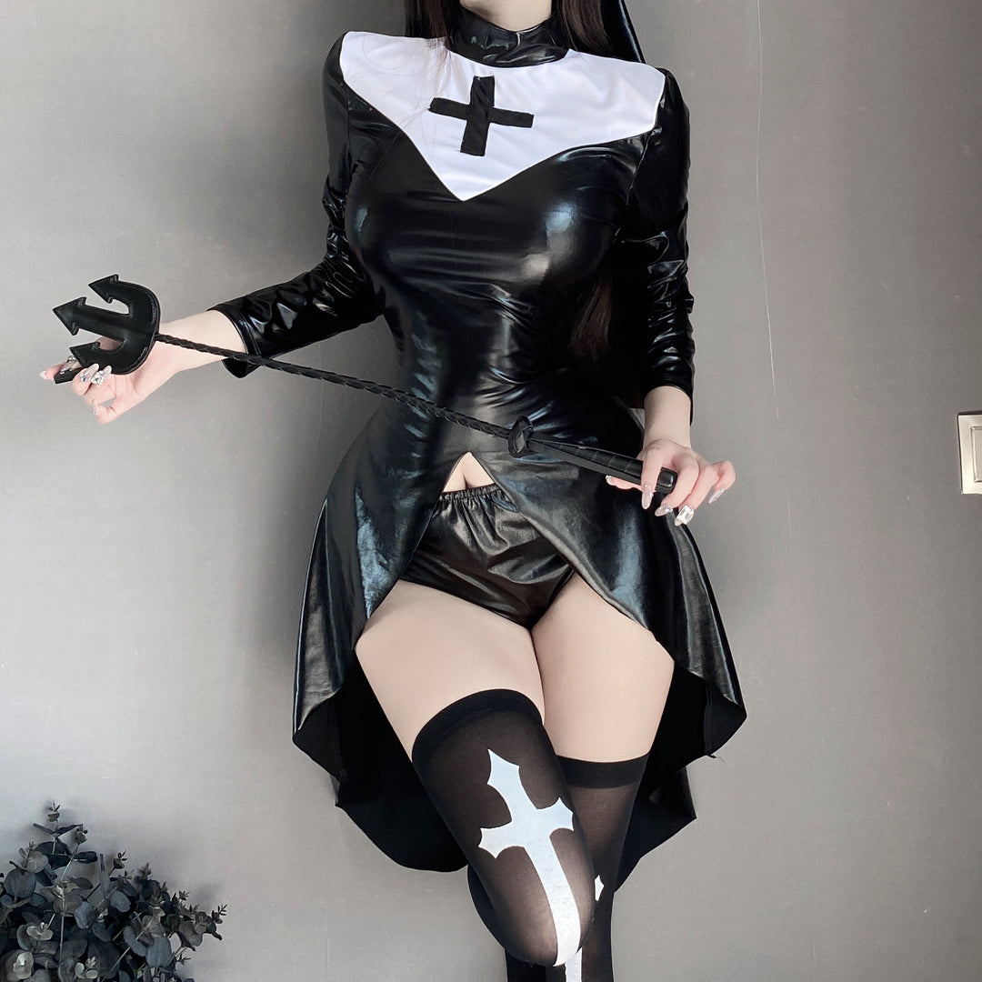Shiny Nun Cosplay Costume Set – Long Sleeve Bodycon Mini Dress with Headpiece & Thigh-High Stockings