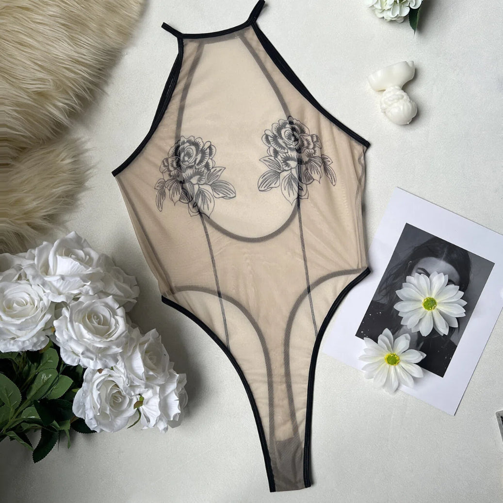 Backless Hollow-Out Sheer Bodysuit