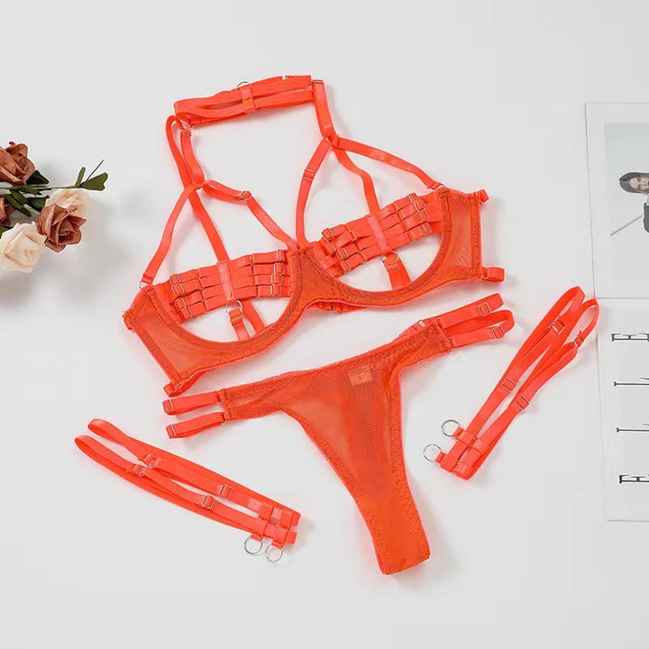 Strappy Cut-Out Lingerie Set with Choker & Leg Garters
