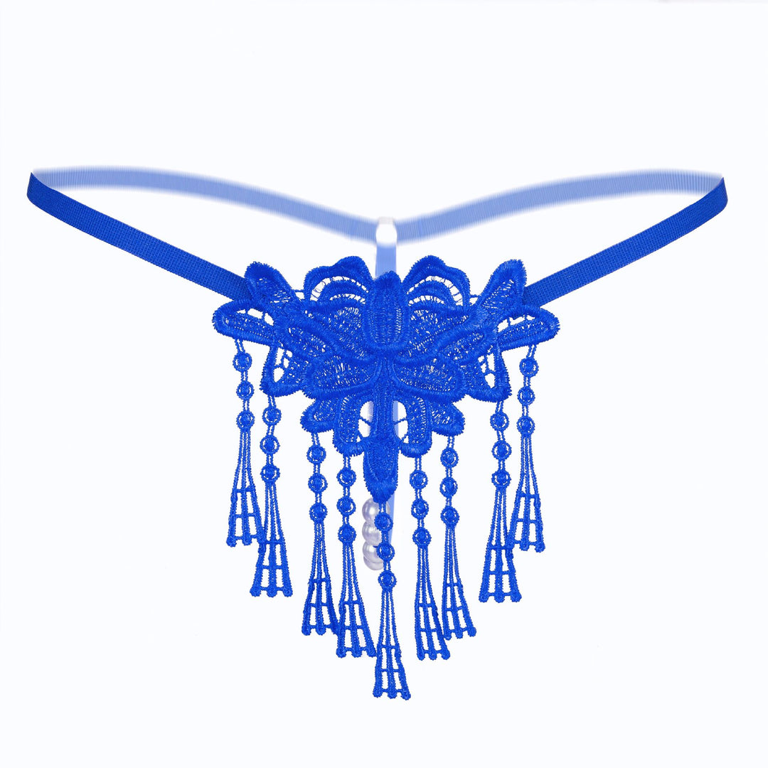 Floral Lace Garter Thong – Delicate Embroidered Applique with Pearl Tassel Detail