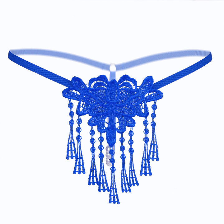 Floral Lace Garter Thong – Delicate Embroidered Applique with Pearl Tassel Detail