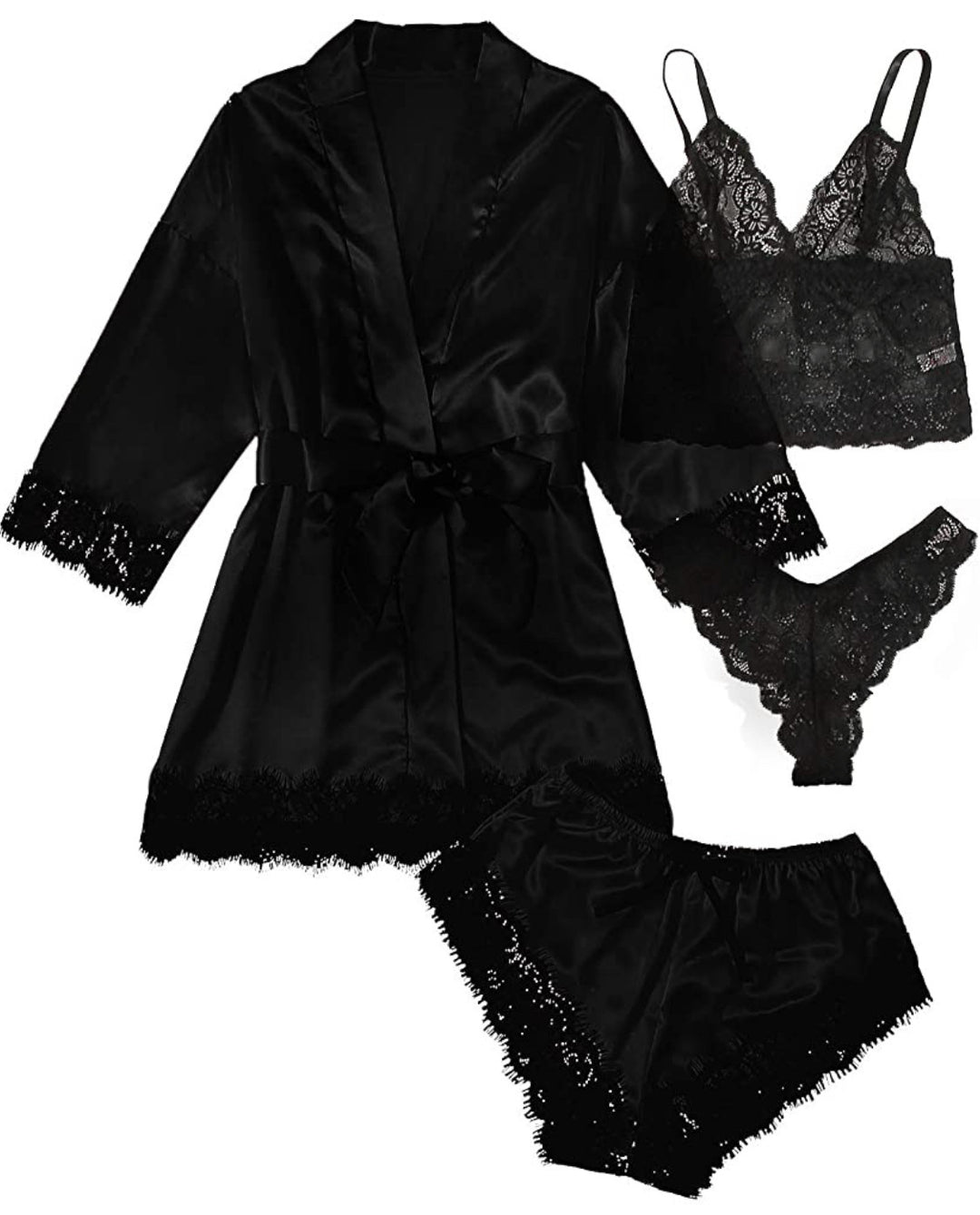 Satin & Black Lace Lingerie Set – Robe, Lace Cami & Shorts 4-Piece Sleepwear Set