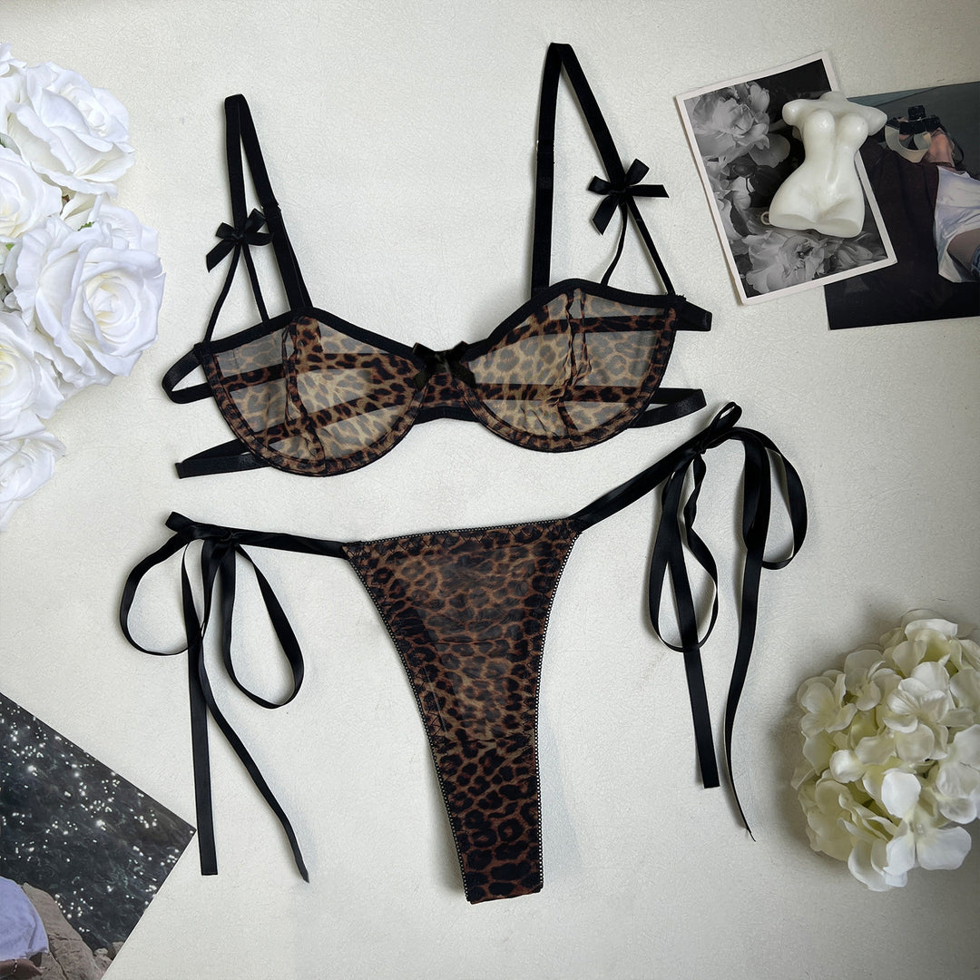 Leopard Print Sheer Mesh Lingerie Set – Underwire Bra & Tie-Side Panty for Women