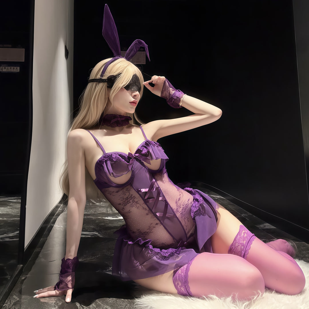 Women’s Bunny Lingerie Set – Ruffle Lace Teddy Bodysuit with Bunny Ears & Thigh Bows