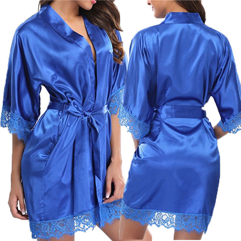 Women's Satin Lace Trim Robe – Lace Trim Sleepwear Lounge Bathrobe with Tie Belt