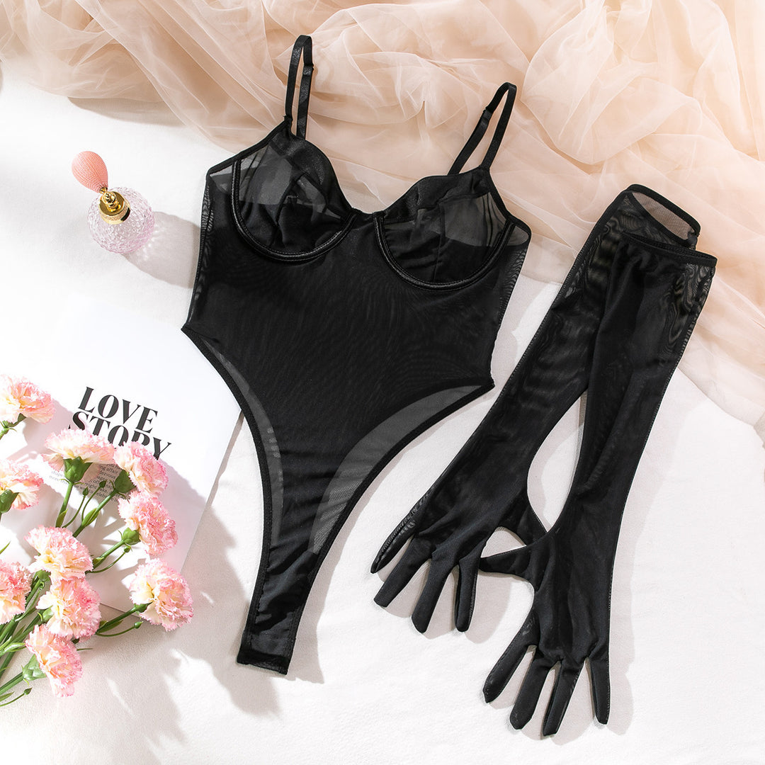 Midnight Veil Sheer Mesh Bodysuit Set – Underwire Teddy with Long Gloves