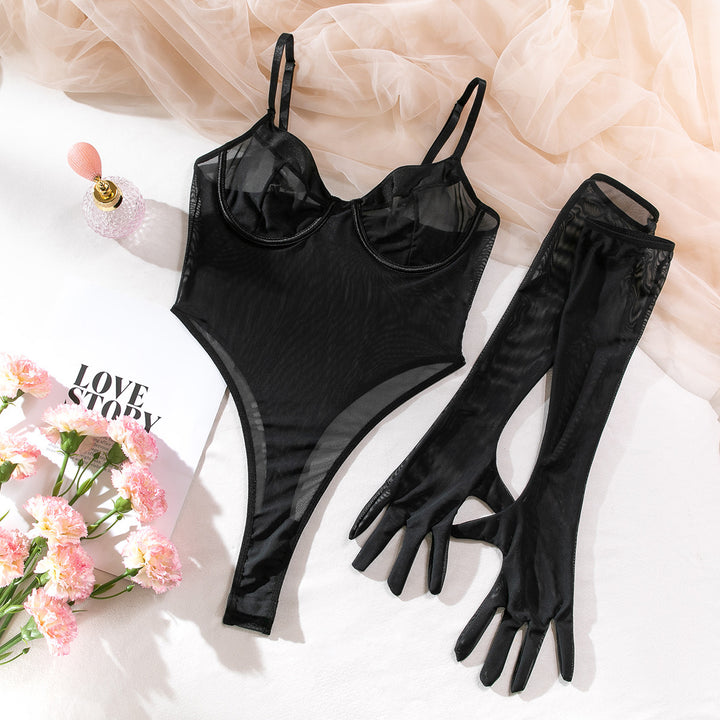 Midnight Veil Sheer Mesh Bodysuit Set – Underwire Teddy with Long Gloves