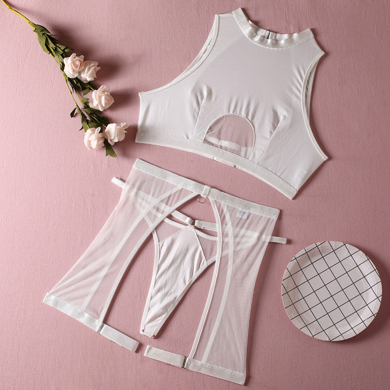 Cutout Mesh Lingerie Set – High-Neck Crop Top & Strappy High-Waist Briefs