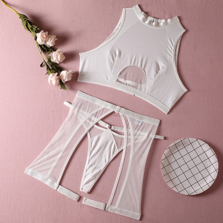 Cutout Mesh Lingerie Set – High-Neck Crop Top & Strappy High-Waist Briefs