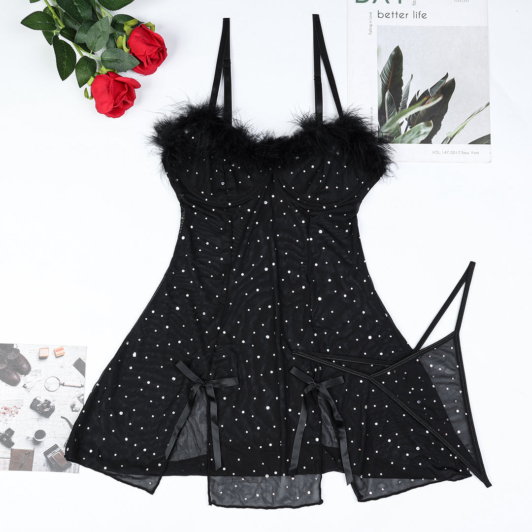 Sexy Black Rhinestone Mesh Dress Set