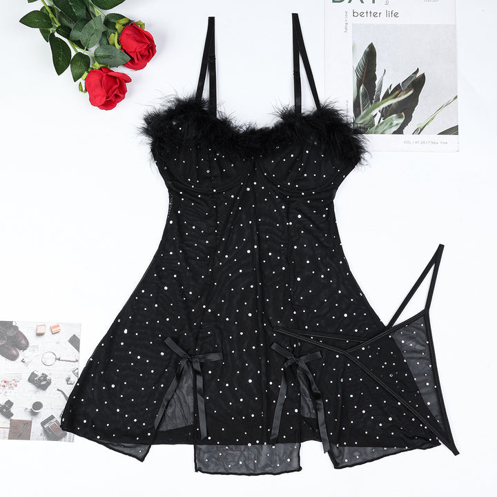 Sexy Black Rhinestone Mesh Dress Set