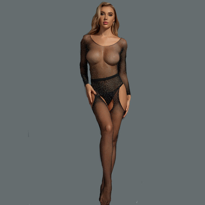 Sparkling Rhinestone Fishnet Bodystocking – Sexy Sheer Split Lingerie Dress