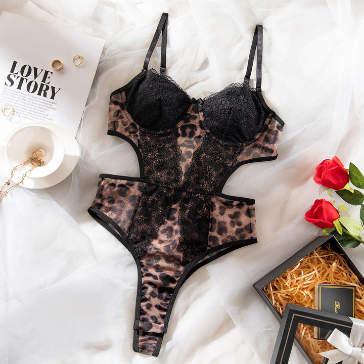 Leopard Lace Mesh Bodysuit – Sexy Cutout Lingerie with Underwire Support