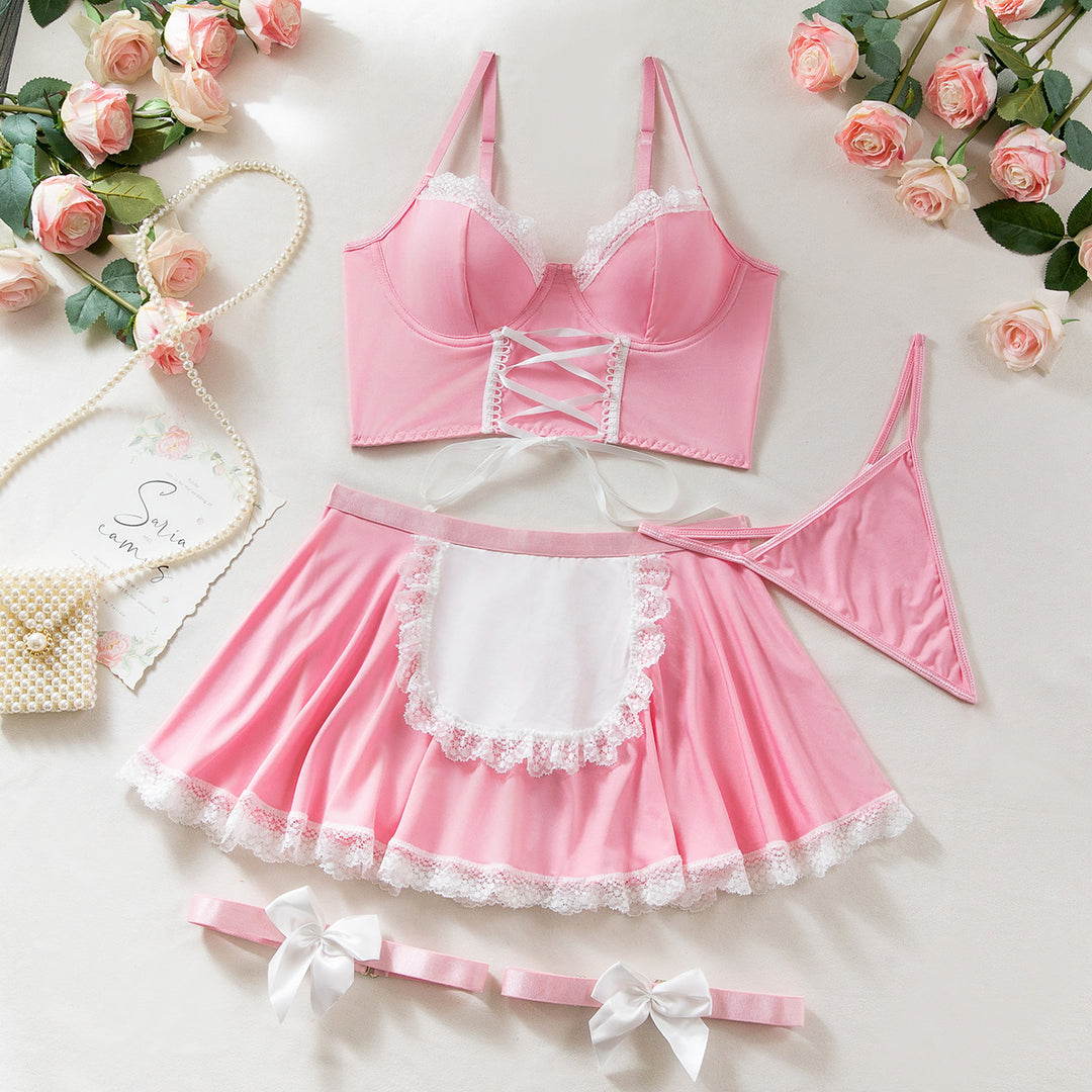 Maid Lingerie Set – 3-Piece Lace Apron Costume with Bra, Skirt & Thong