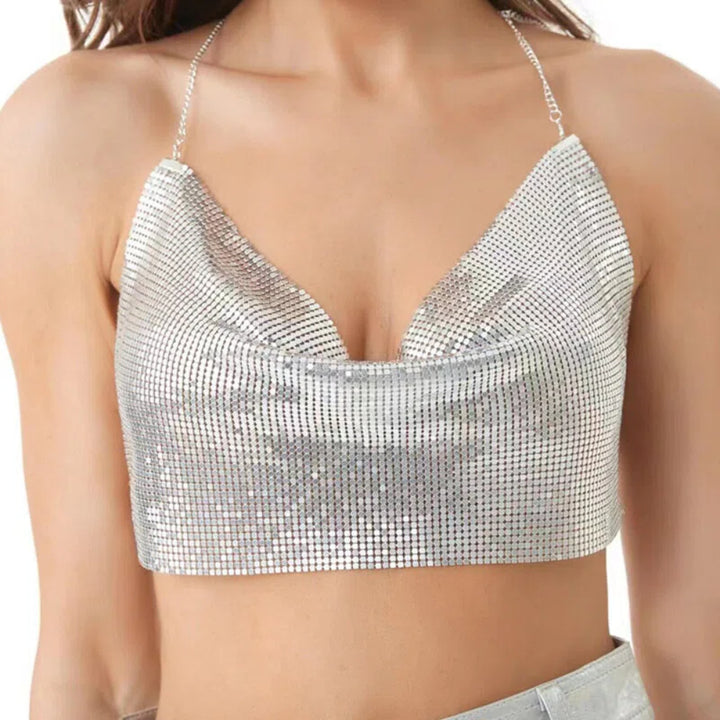 Metallic Sequin Chain Strap Crop Top