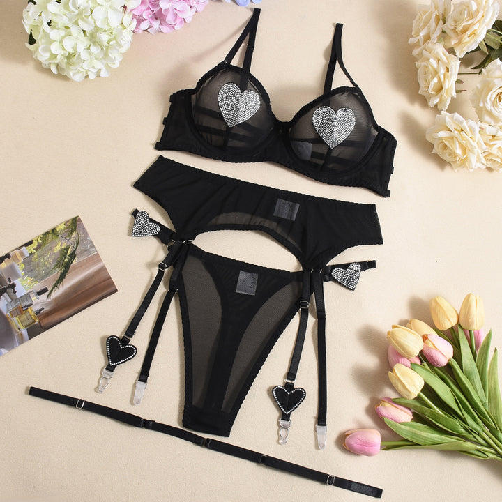 Sheer Mesh Three-Piece Lingerie Set with Heart Rhinestone Detail