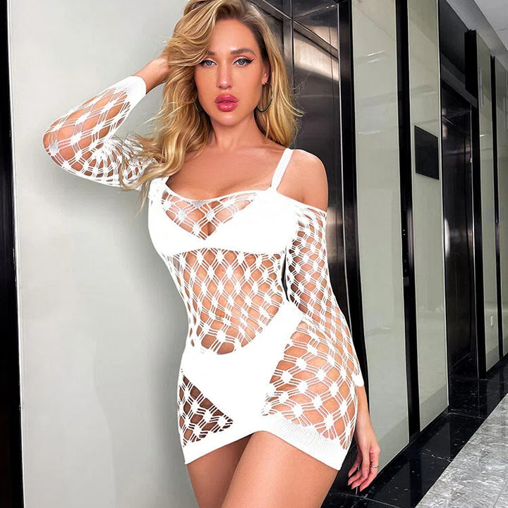 Off-Shoulder Sheer Mesh Lingerie Dress with Geometric Cutouts