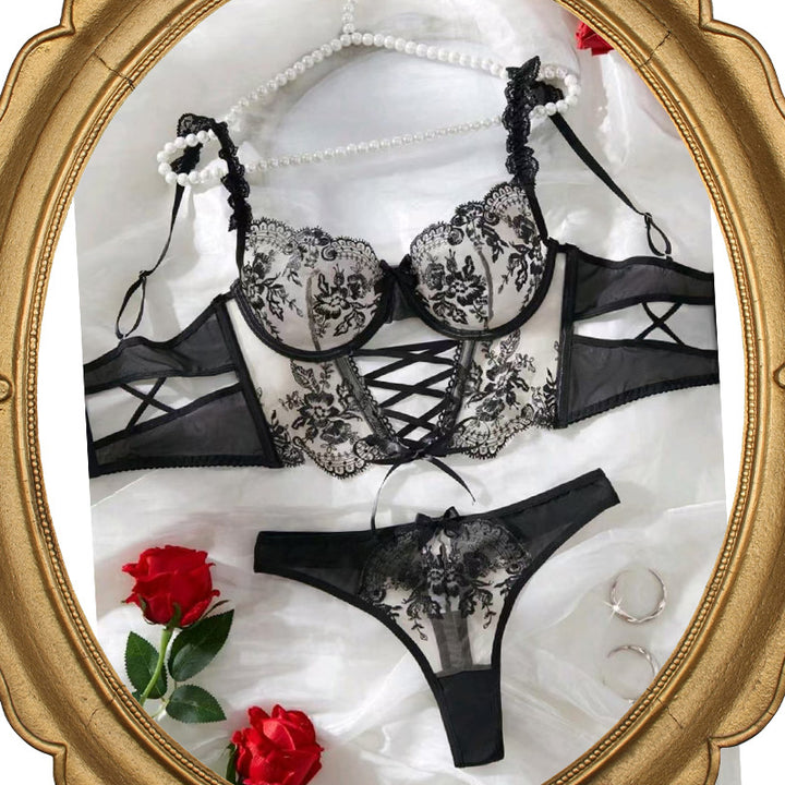 Sexy Embroidered Lace Lingerie Set – Underwire Corset Bra & Thong