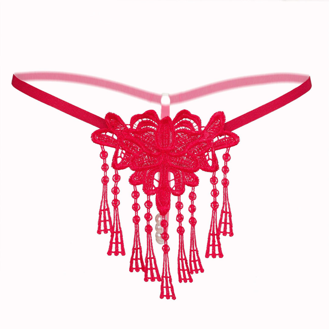 Floral Lace Garter Thong – Delicate Embroidered Applique with Pearl Tassel Detail