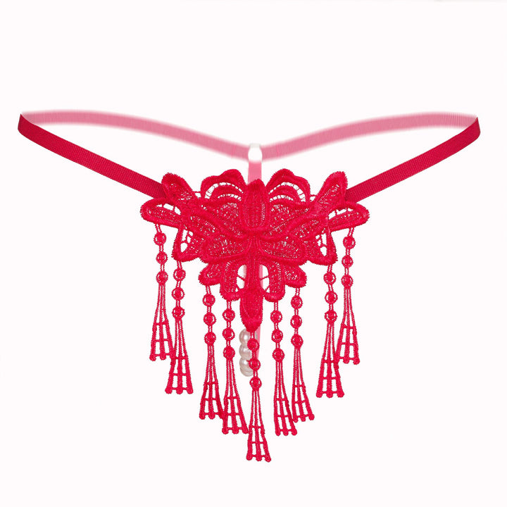 Floral Lace Garter Thong – Delicate Embroidered Applique with Pearl Tassel Detail