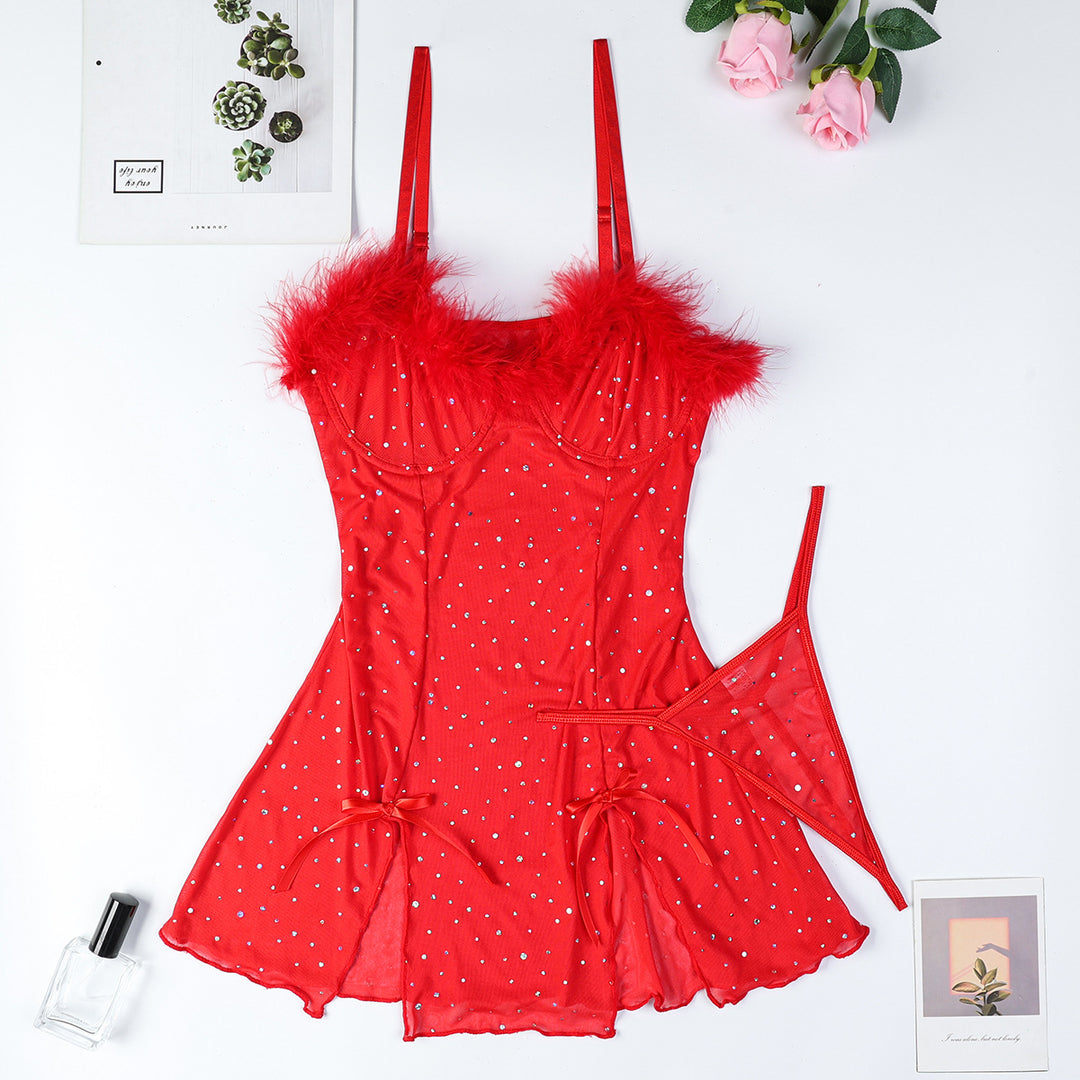 Sexy Black Rhinestone Mesh Dress Set