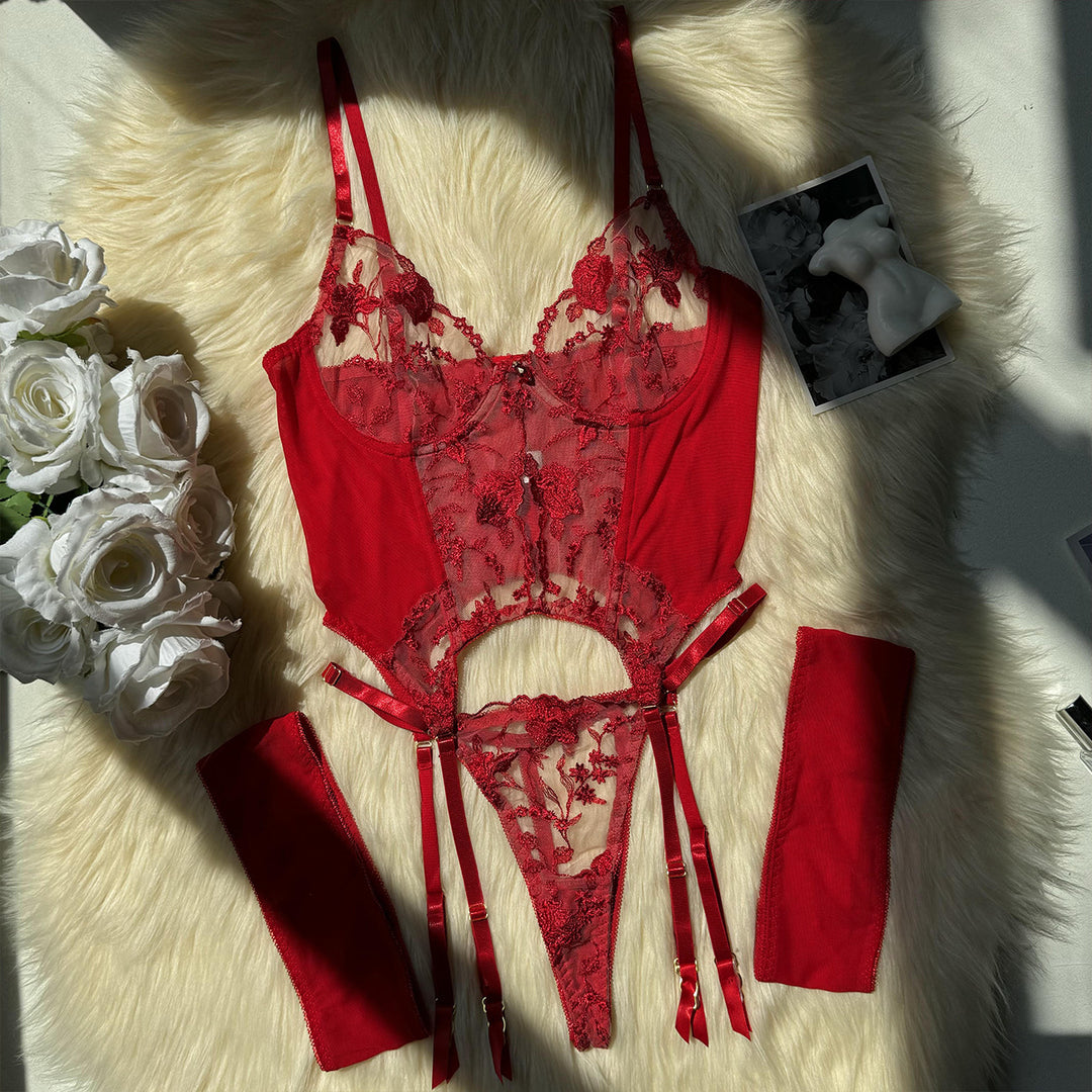 Embroidered Mesh Lingerie Set – 3-Piece Sheer See-Through Erotic Set for Women