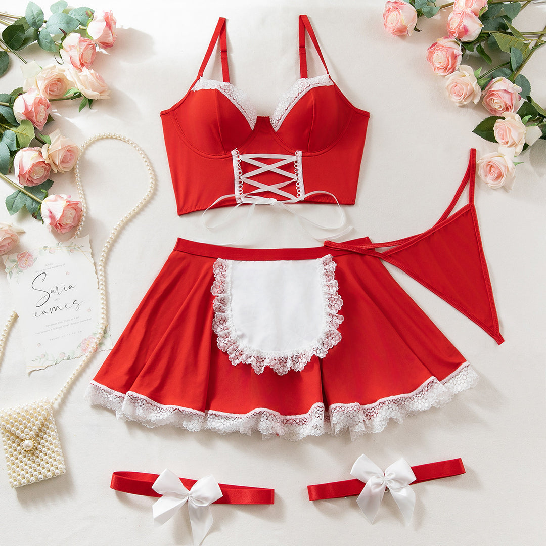 Maid Lingerie Set – 3-Piece Lace Apron Costume with Bra, Skirt & Thong