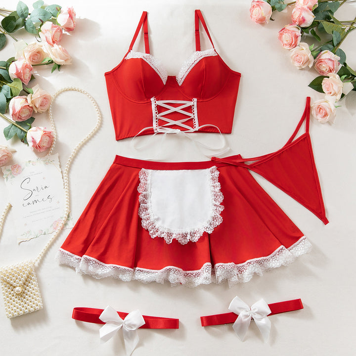 Maid Lingerie Set – 3-Piece Lace Apron Costume with Bra, Skirt & Thong