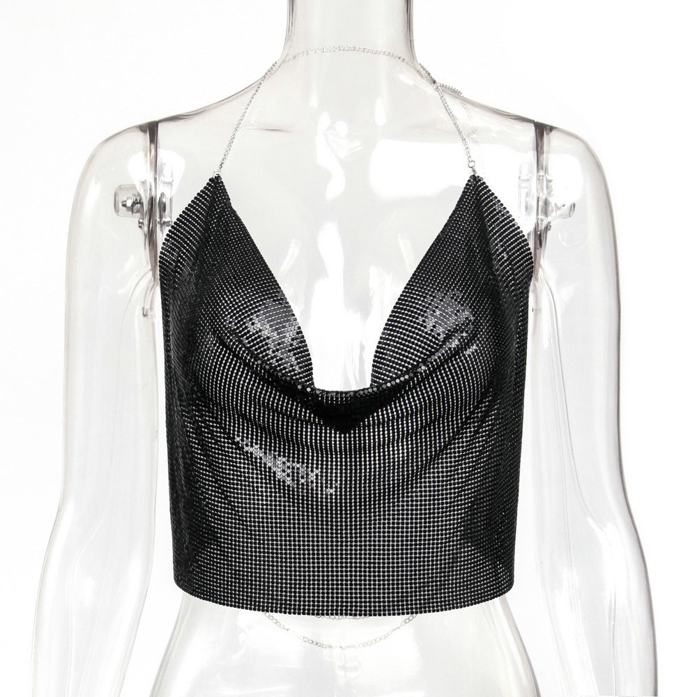 Metallic Sequin Chain Strap Crop Top