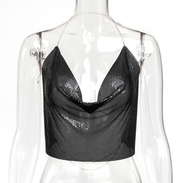 Metallic Sequin Chain Strap Crop Top