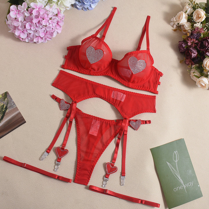 Sheer Mesh Three-Piece Lingerie Set with Heart Rhinestone Detail