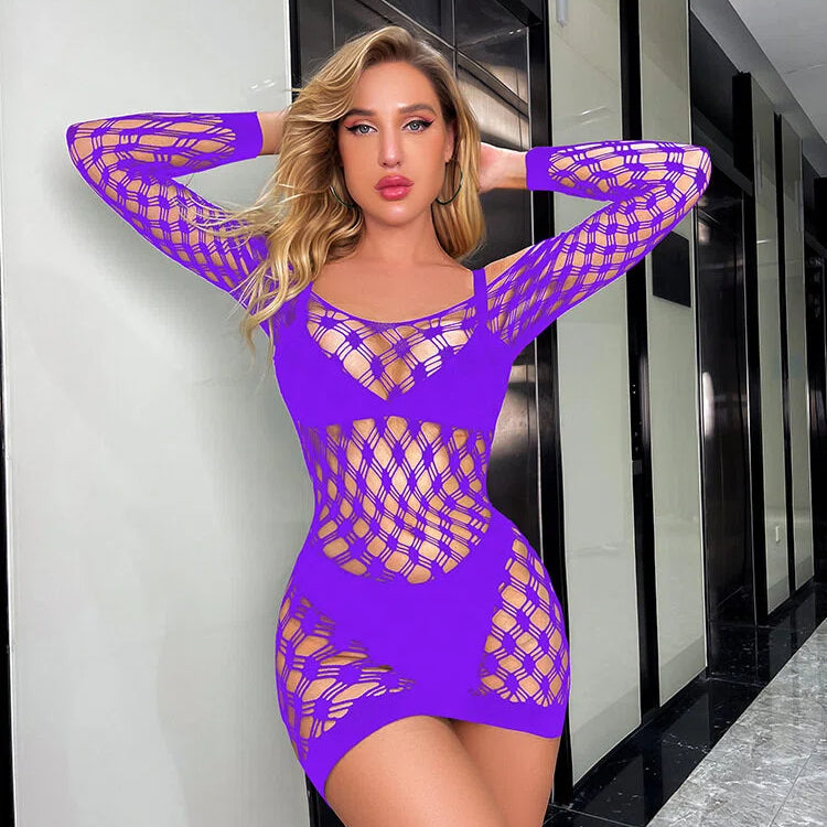 Off-Shoulder Sheer Mesh Lingerie Dress with Geometric Cutouts