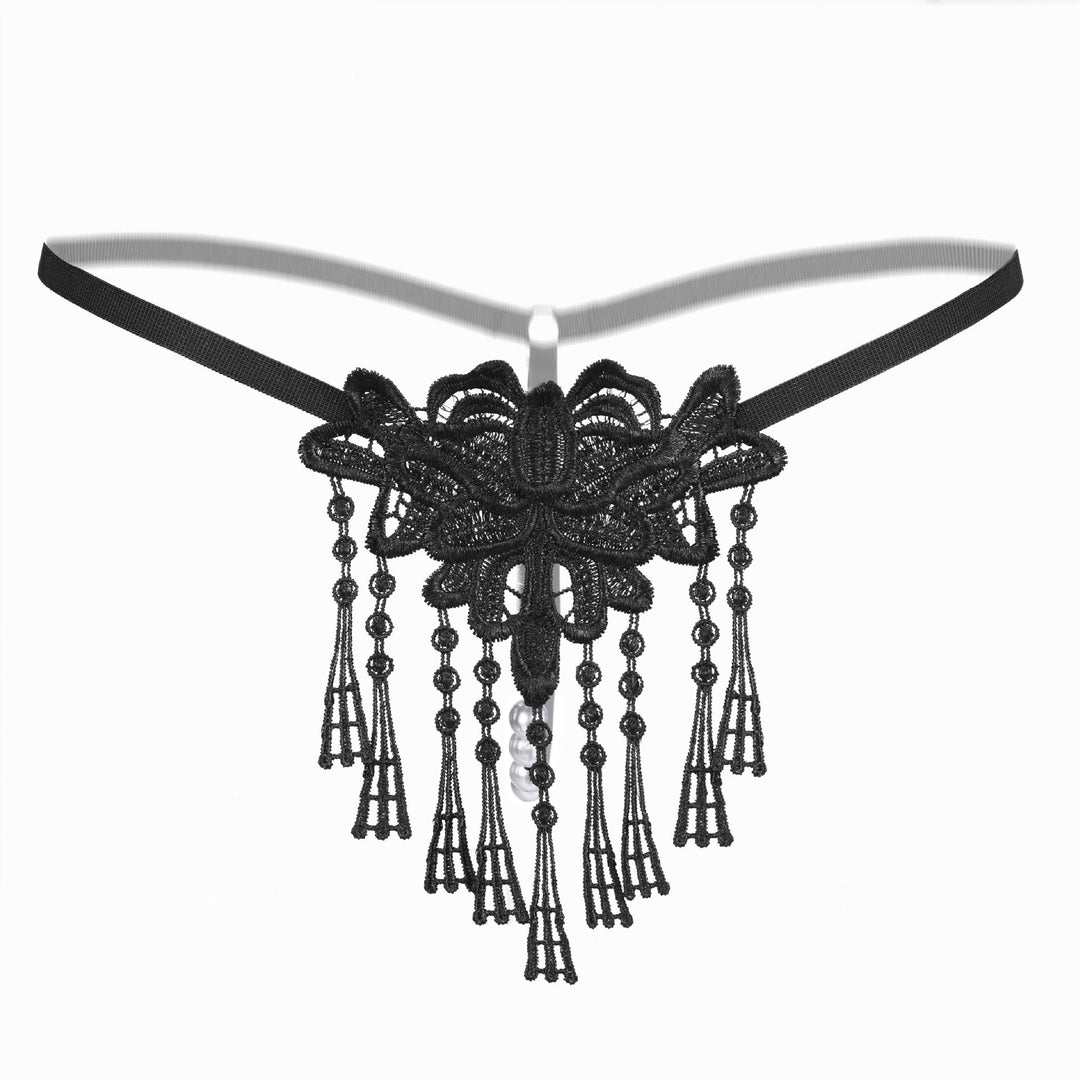 Floral Lace Garter Thong – Delicate Embroidered Applique with Pearl Tassel Detail