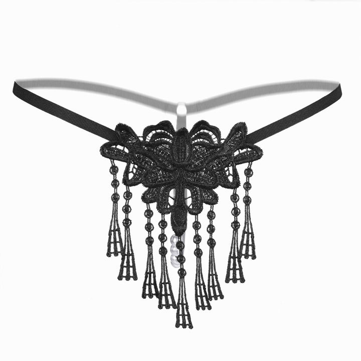 Floral Lace Garter Thong – Delicate Embroidered Applique with Pearl Tassel Detail