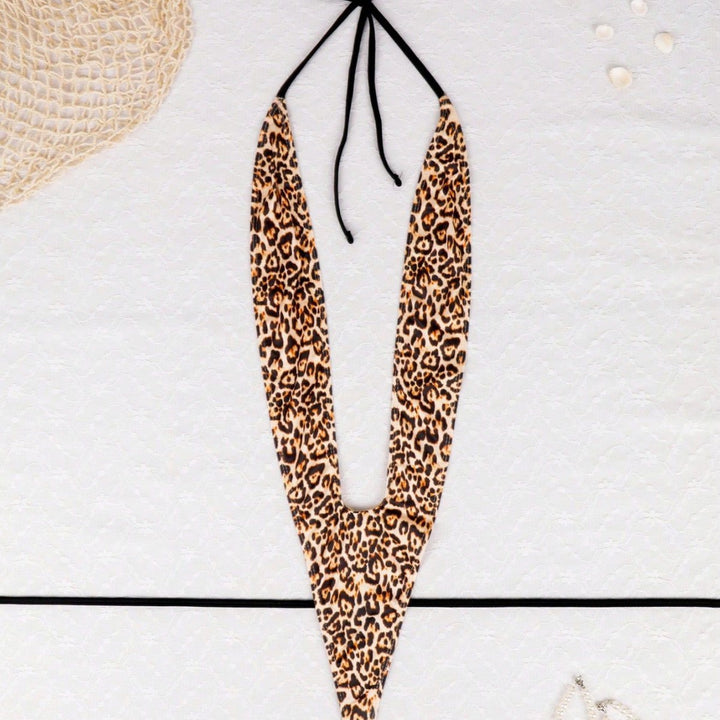 Leopard Print Deep V Halter One-Piece Swimsuit