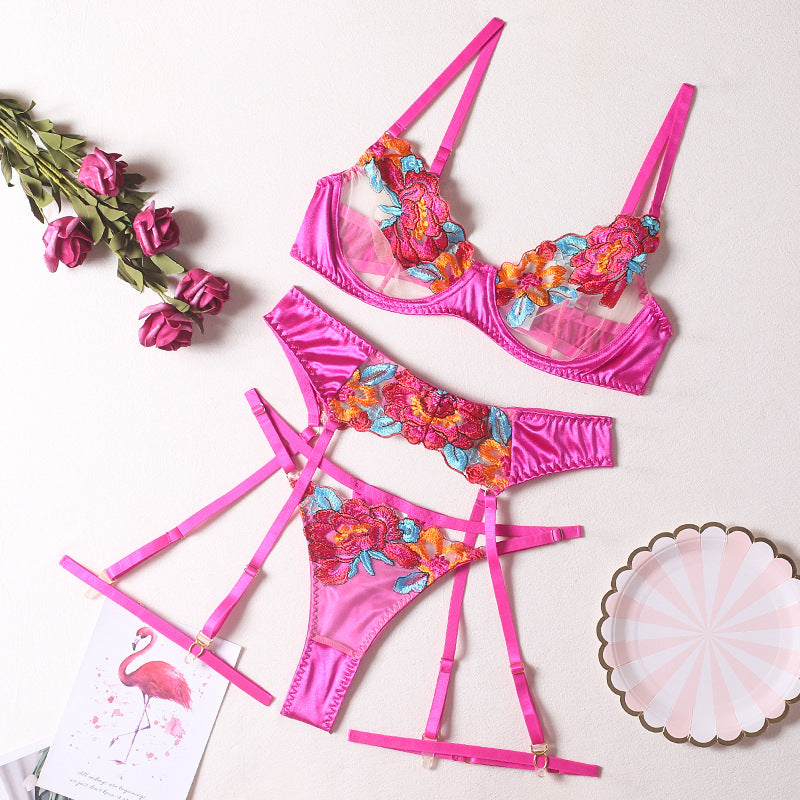 Floral Embroidery Lingerie Set – 3-Piece Sheer Bra, Thong & Garter Belt